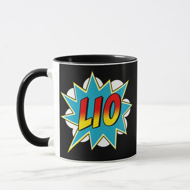 Kids Boys Lio Name Comic Book Superhero  Mug (Left)