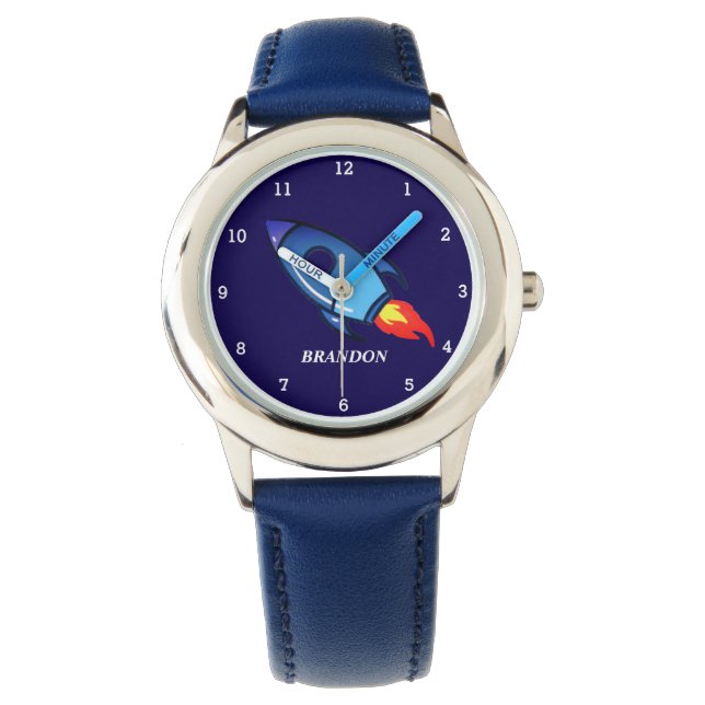 Kids Boys Rocket Space Blue Astronaut Name Watch (Front)