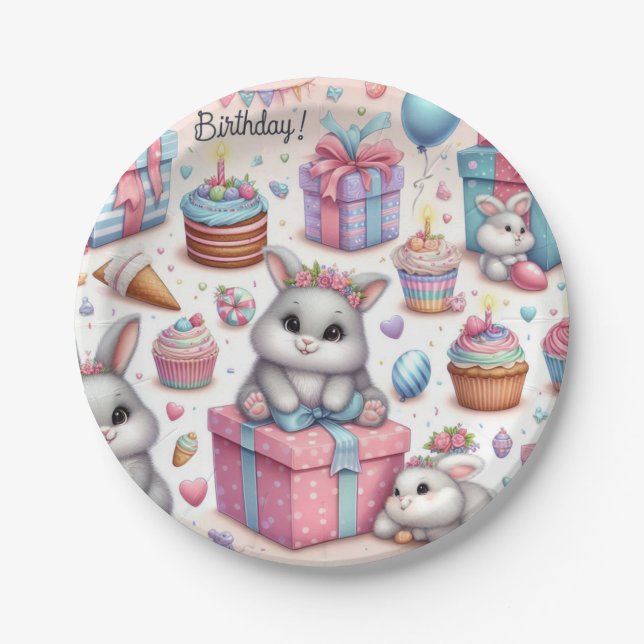 Kids Bunny Gift Birthday Party Plates (Front)