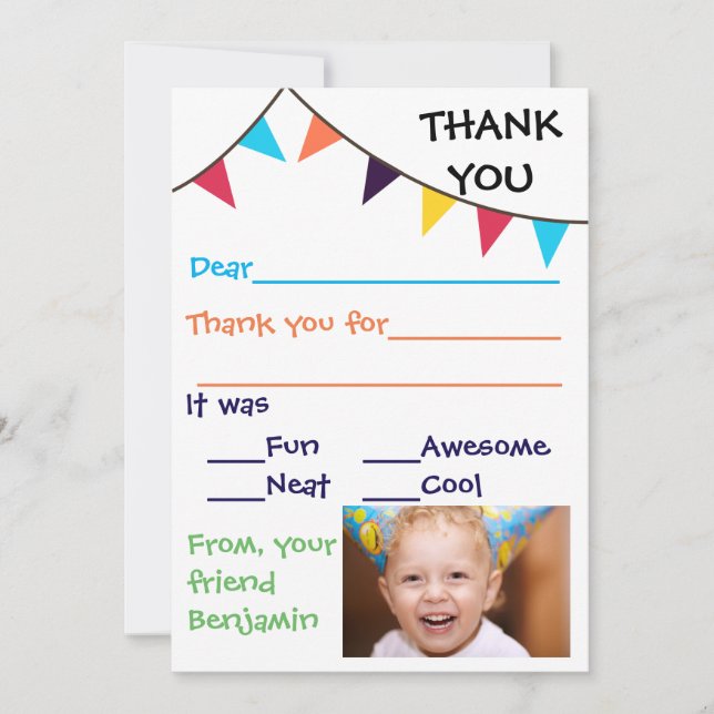 Kid's Bunting Custom Thank You Cards (Front)