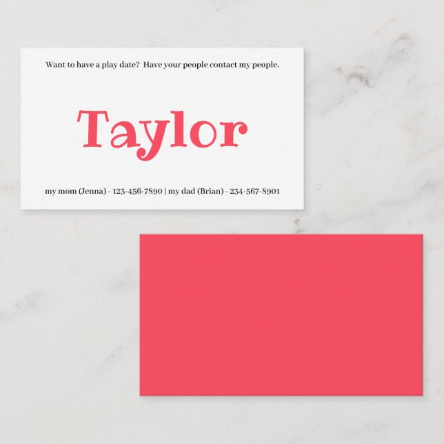 Kids Calling Card Play Date Playdates Girl or Boy (Front/Back)