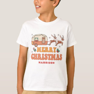 Kids Camping Christmas Reindeer Retro Camper Name T-Shirt