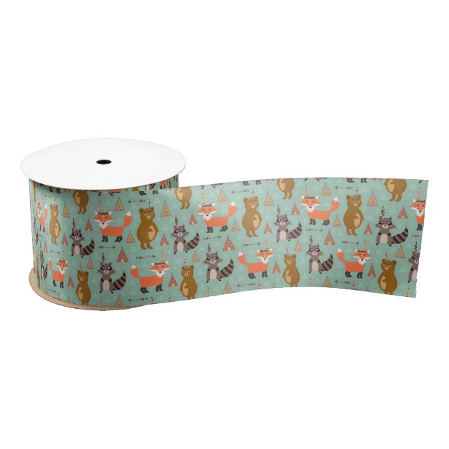 Kids Camping Outside Racoon Fox Brown Bear Satin Ribbon (Spool)