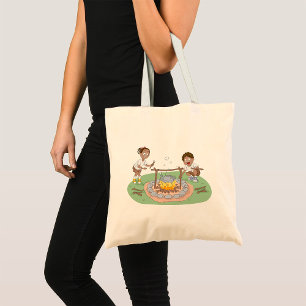 Kids Camping Trip Boy and Girl at Campfire Tote Bag