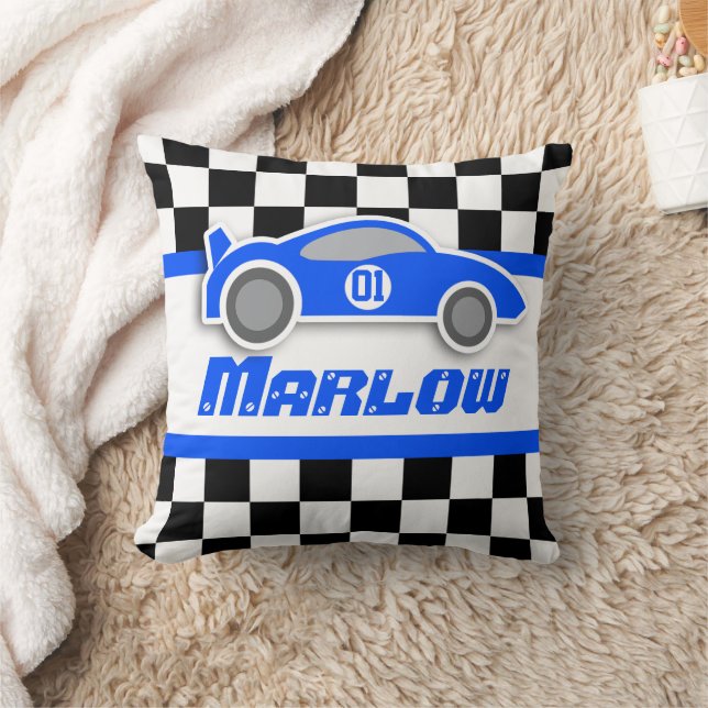 Kids car blue chequered flag name pillow (Blanket)