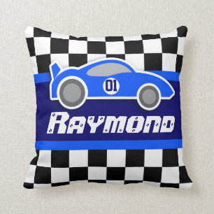 Kids car blue chequered flag name pillow