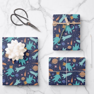 Kids Cat Astronaut in Space Rocket Ship Planets Wrapping Paper Sheet