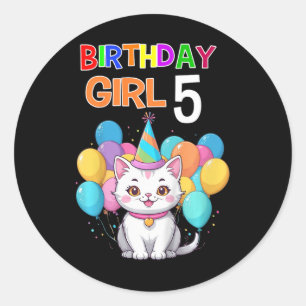 Kids Cat Birthday 5 Birthday Party Girls 5th Birth Classic Round Sticker