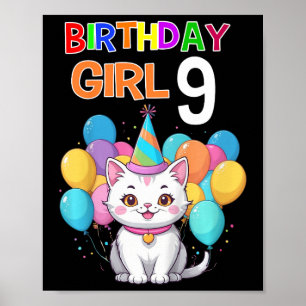 Kids Cat Birthday 9 Birthday Party Girls 9th Birth Poster