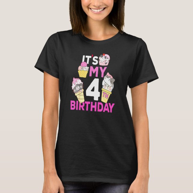 Kids Cat Ice Cream Its My 4th Birthday 4 Year Old T-Shirt (Front)
