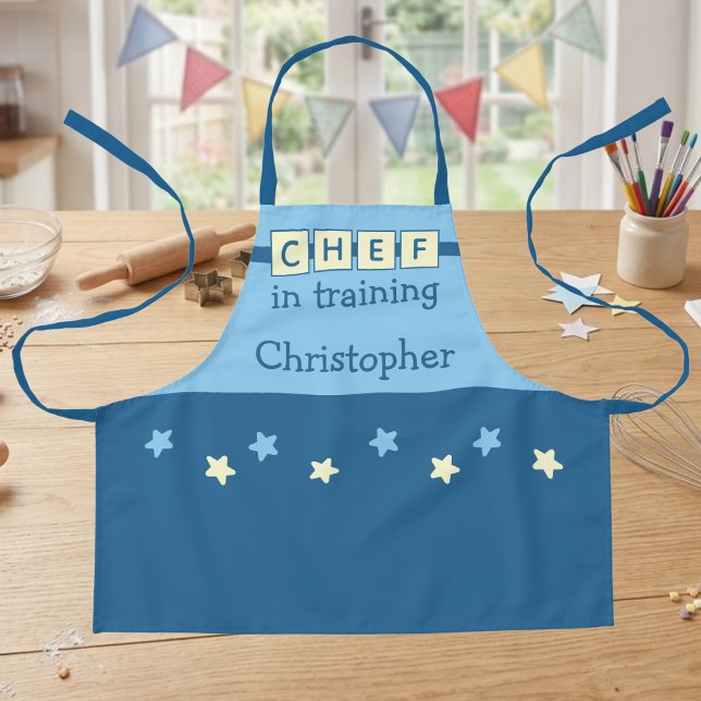Kid's Chef name stars blue yellow Apron (Creator Uploaded)