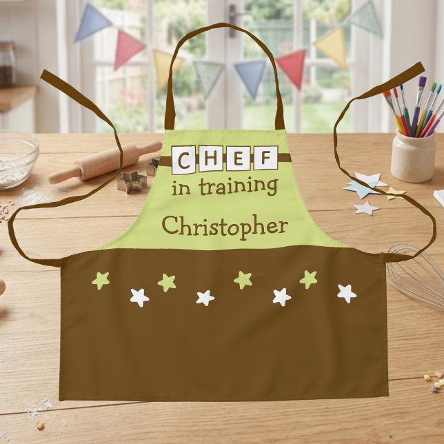 Kid's Chef name stars green brown Apron (Creator Uploaded)