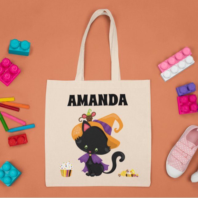 Kid's Child Personalised Halloween cat Trick Treat Tote Bag (Creator Uploaded)