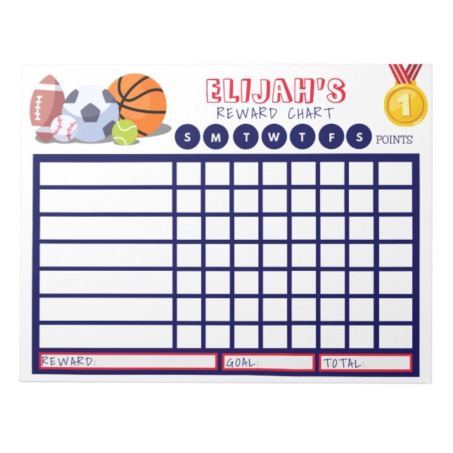 Kids Chore Chart, Personalised Sports Chart Notepad (Front)