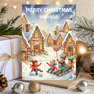 Kids Christmas Candy Cottage Village Holiday Card