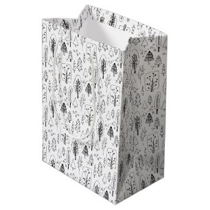 Kids Christmas Cute Black & White Trees Forest Medium Gift Bag