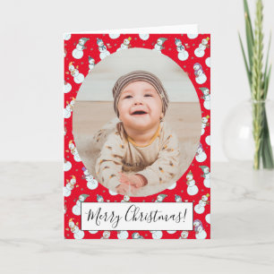 Kids Christmas Cute Snowman in Hats Red Photo Note Card