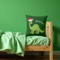 Kids Christmas Dinosaur Custom Green Throw Pillow