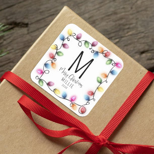 Kids Christmas Lights Monogram Square Sticker