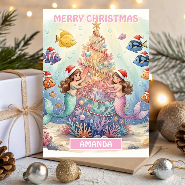 Kids Christmas Mermaid Coral Celebration Holiday Card (Creator Uploaded)