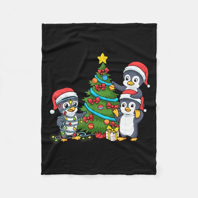Kids Christmas Penguin Christmas Tree Lights Baubl Fleece Blanket (Front)