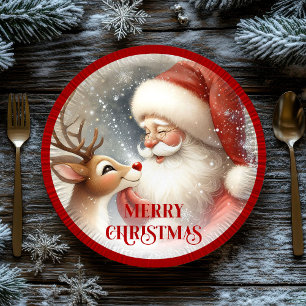 Kids Christmas Plates with Cute Santa and Rudolph