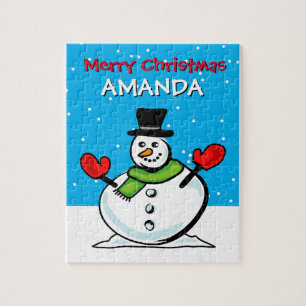 Kid's Christmas puzzle with cute winter snowman
