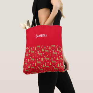 Kids Christmas Reindeer Playing Red Name Tote Bag