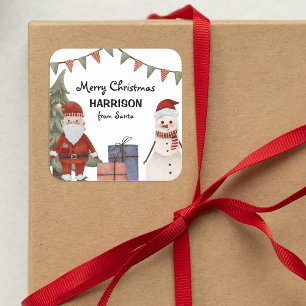 Kids Christmas Santa & Snowman Holiday Square Sticker