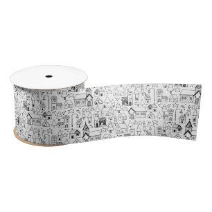 Kids Christmas Village Whimsical Black & White Satin Ribbon