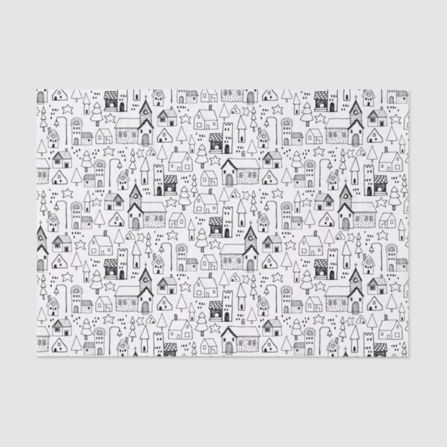 Kids Christmas Village Whimsical Black & White Tissue Paper (Front)