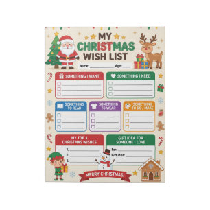 Kids Christmas Wish List Checklist Notepad