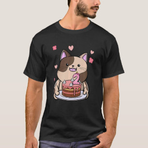 Kids Chubby Cat Holding A Birthday Cake 2nd Year B T-Shirt