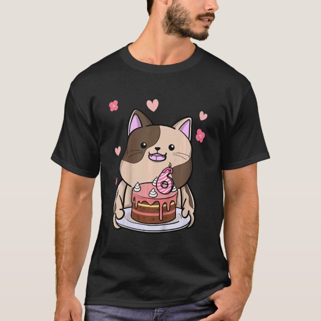Kids Chubby Cat Holding A Birthday Cake 6th Year B T-Shirt (Front)