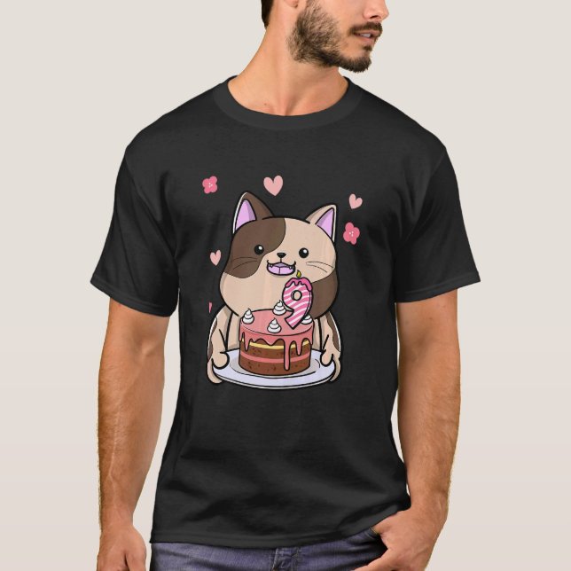 Kids Chubby Cat Holding A Birthday Cake 9th Year B T-Shirt (Front)