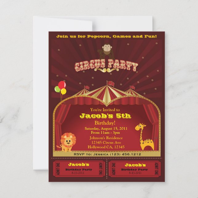 Kid's Circus Birthday Party Invites (Front)
