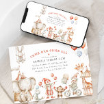 Kids Circus Themed Birthday Party Invitation<br><div class="desc">Attention young party-goers, get ready to step right up to a sweet watercolor circus themed birthday celebration! The colourful invitation boasts the classic phrase "come one, come all" and showcases a modern and stylish template with watercolor designs of balloons, clowns, and animals in muted shades of red, blue, and white....</div>