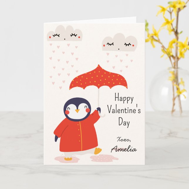 Kids Classroom Cute Penguin Valentine's Day Card (Yellow Flower)