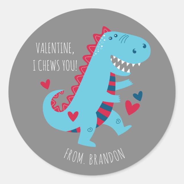 Kids Classroom Dinosaur Valentines Day Classic Round Sticker (Front)