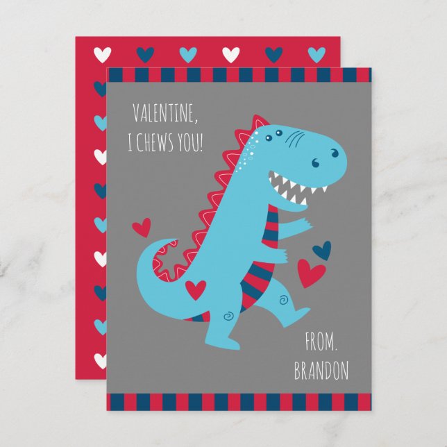 Kids Classroom Dinosaur Valentines Note Card (Front/Back)