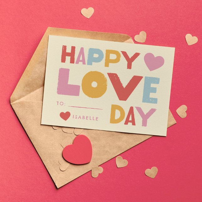 Kids Classroom Valentine's Day Cute Block Type Card (kids classroom Valentine's Day card with cute blocky typography that says "happy love day")