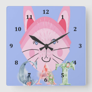 Kids Clock with Cute Pink Cat