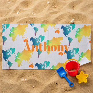 Kids Colorful World Map Custom Name Monogram Beach Towel
