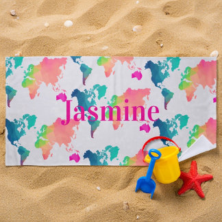 Kids Colorful World Map Personalized Name Monogram Beach Towel