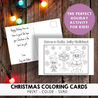 Kids Colour Your Own Holly Jolly Holiday Christmas Postcard