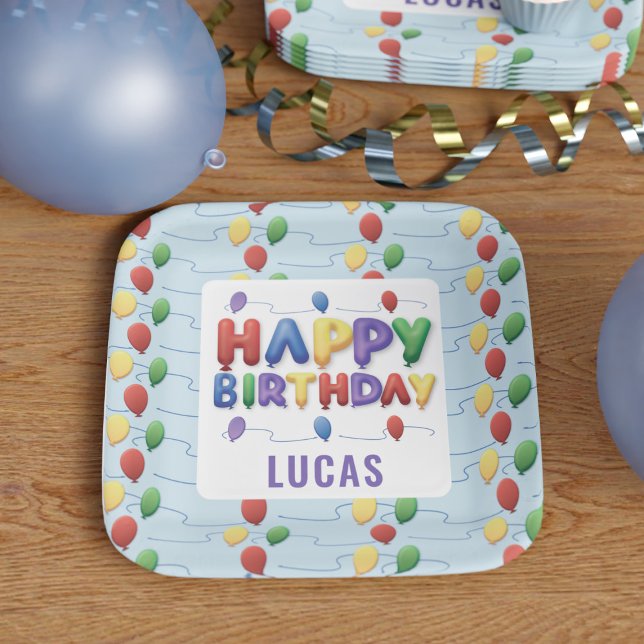 Kids Colourful Balloons Happy Birthday Paper Plate (Just add your name and have a fantastic birthday party)
