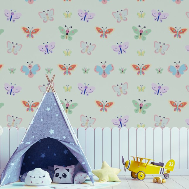 `Kids Colourful Butterfly Mint Green Wallpaper (Nursery | Playroom)