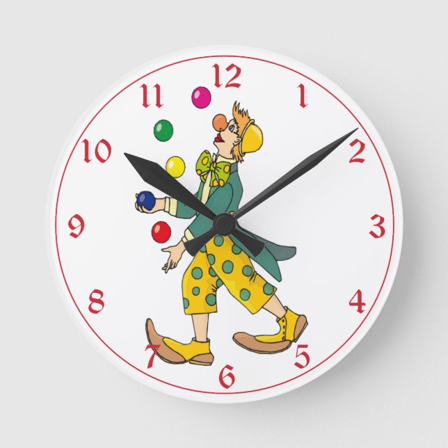 Kids Colourful Circus Clown Juggler Polka Dots Round Clock (Front)