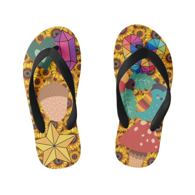 Kids Colourful Clipart Collage Flowers Star Rainbo Kid's Jandals (Footbed)