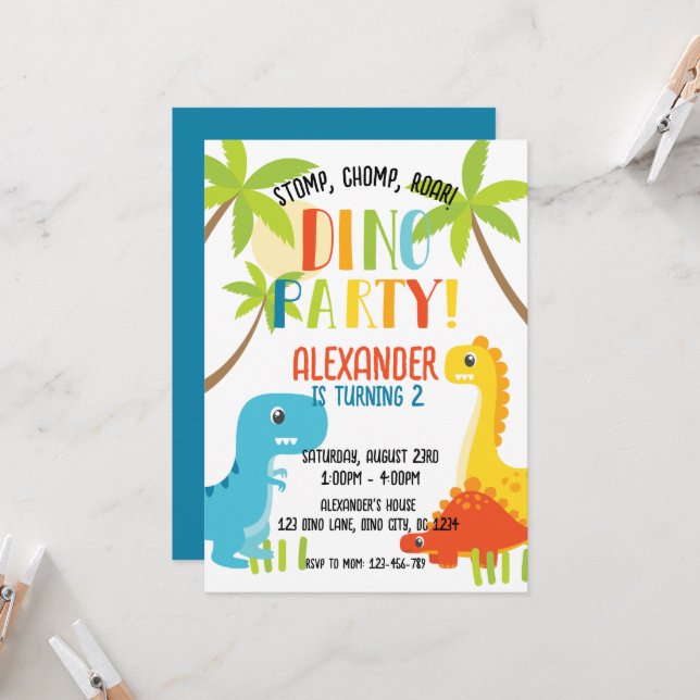 Kids Colourful Dinosaur Birthday Party Invitation (Front/Back In Situ)